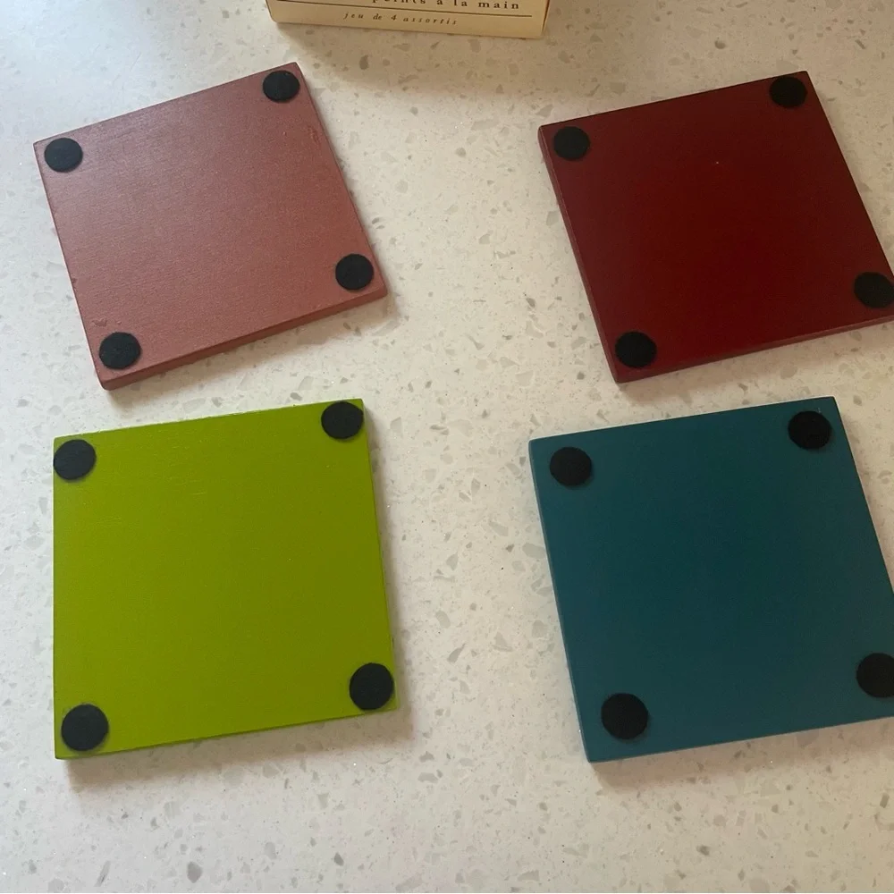 Pier 1 Cocktail Glass Top Wooden Coasters Set of 4 in Box
